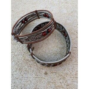 Vintage 1970s Lot of 2 Handmade Artisan Copper Silver Brass Wire Wrap Bracelets